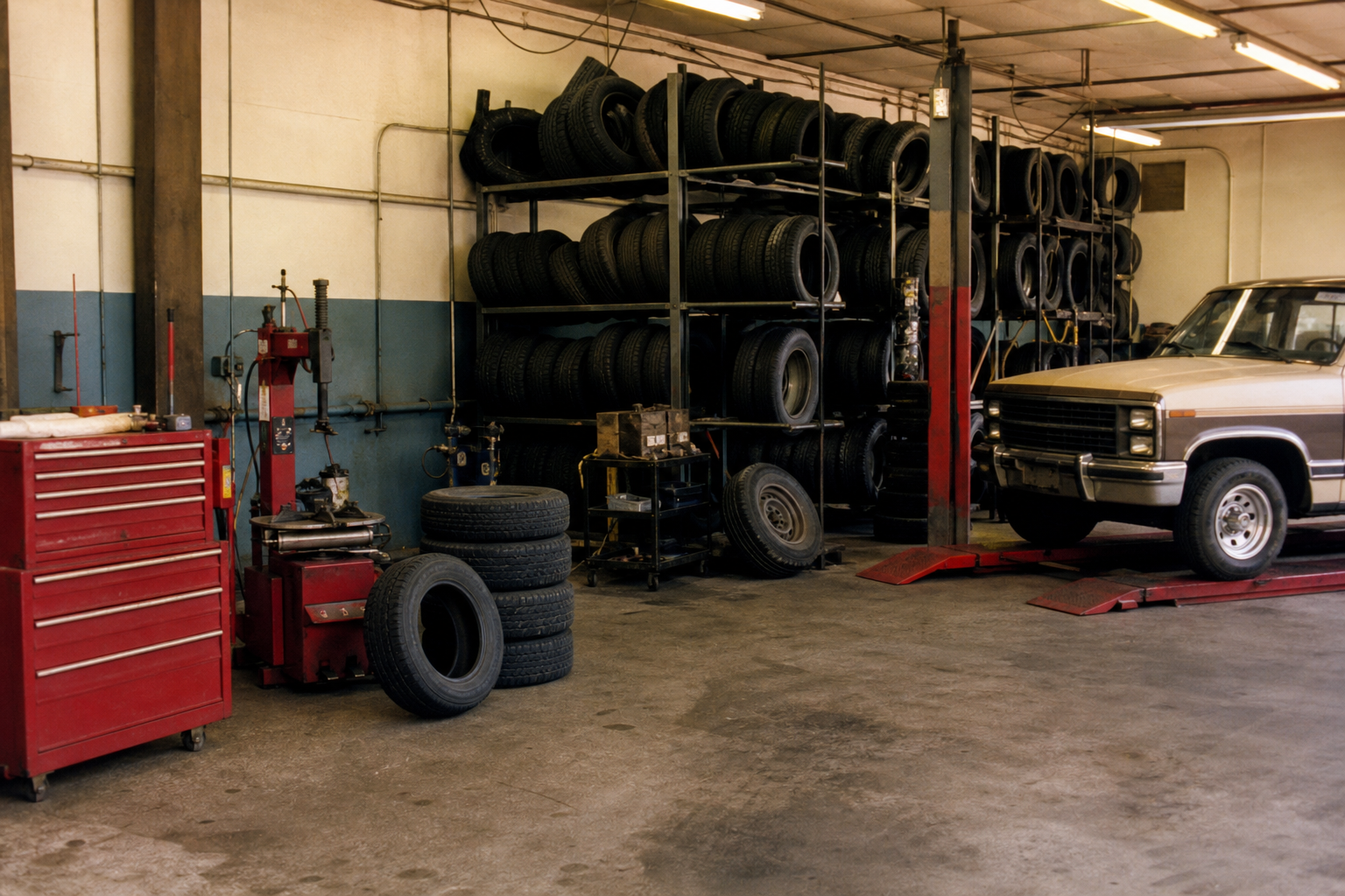 Tire racks and service equipment inside a neighborhood automotive workshop